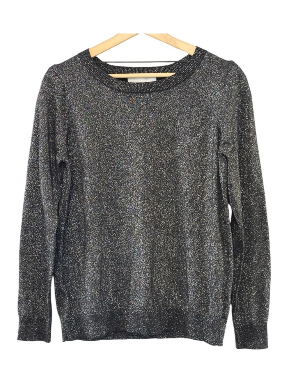 NEW Adyson Parker Black Silver Crewneck Sweater Long Sleeve Metallic Knit Top